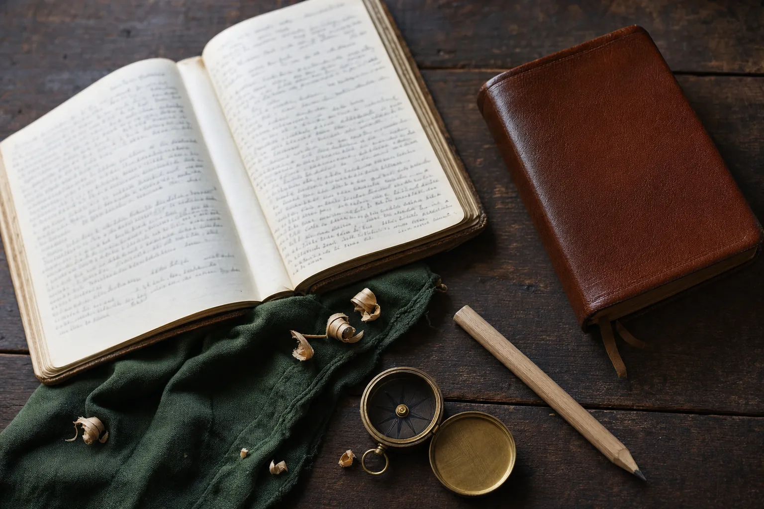 Notebook, Bible, compass, and carpenter pencil on a timber table