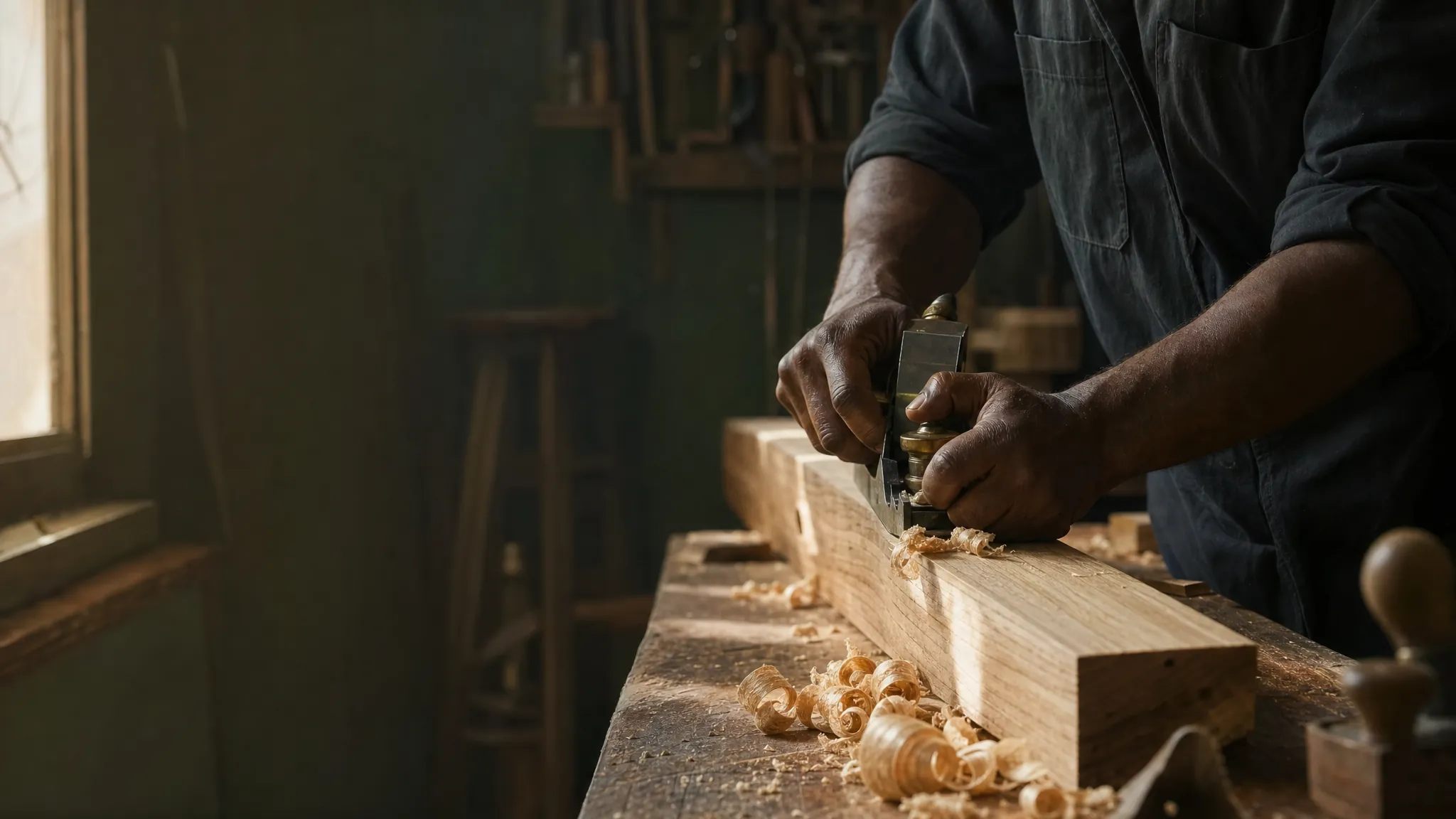 Craftsman smoothing a timber board in a woodworking workshop