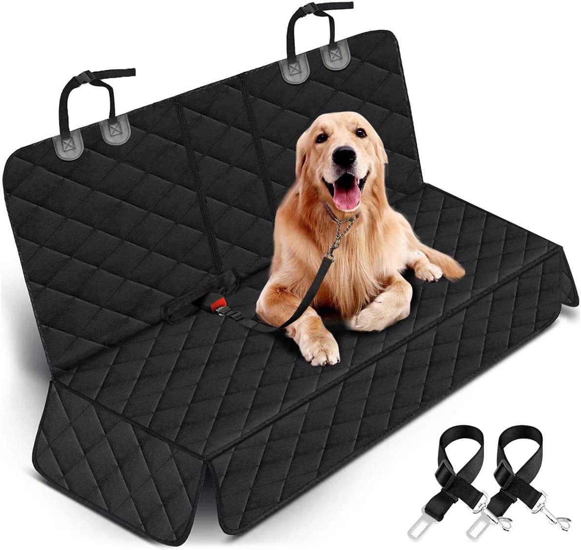 Dog seat cover installed in the back seat of a car