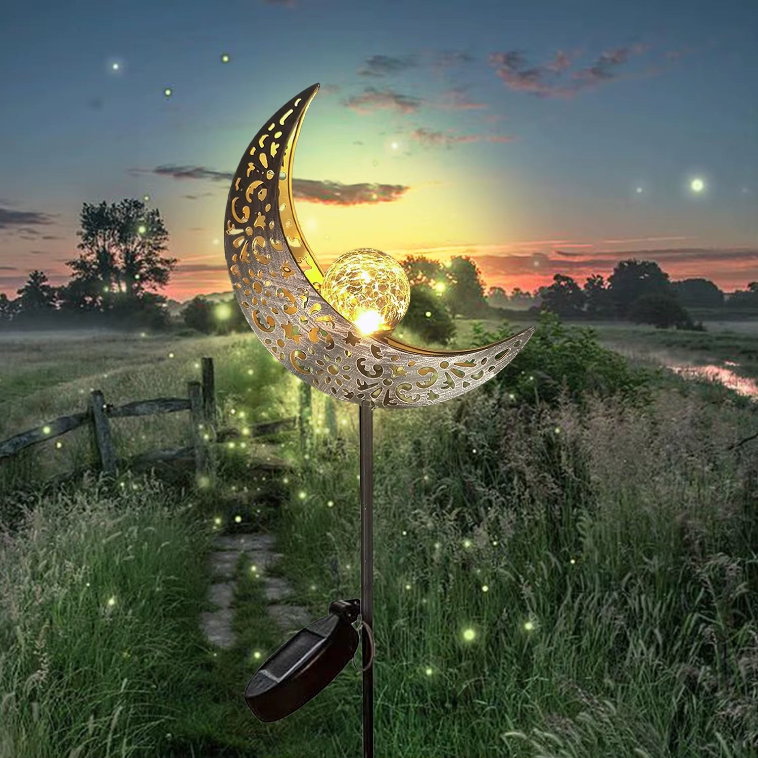 Moon-shaped solar stake lights for outdoor spaces