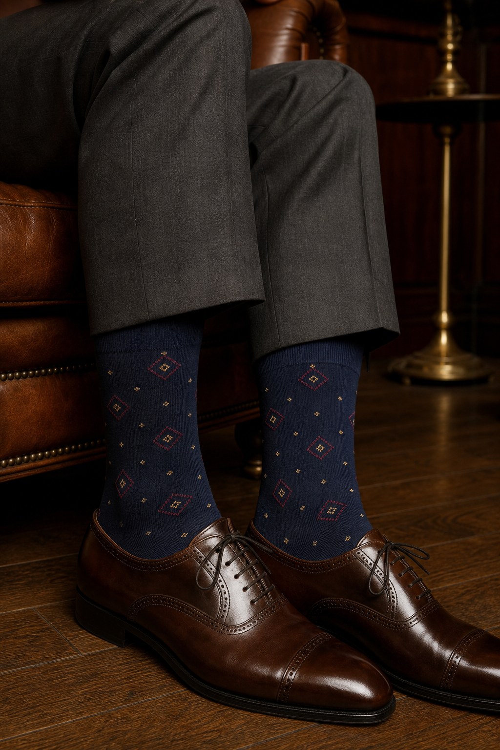 Deep navy bamboo dress socks with burgundy and gold details, worn with brown Oxford shoes