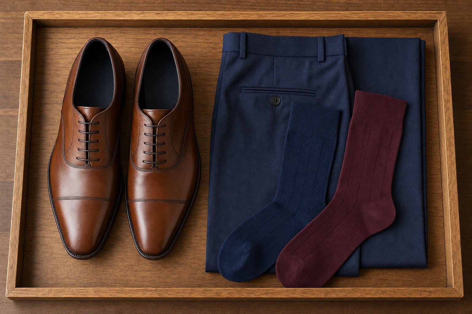 Brown Oxford shoes beside navy trousers with navy and burgundy dress sock options