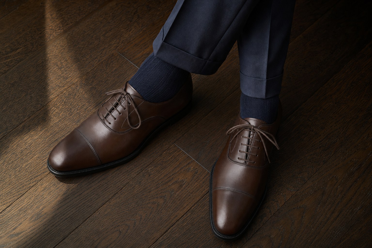 Dark brown Oxford shoes with navy dress socks beneath tailored navy trousers