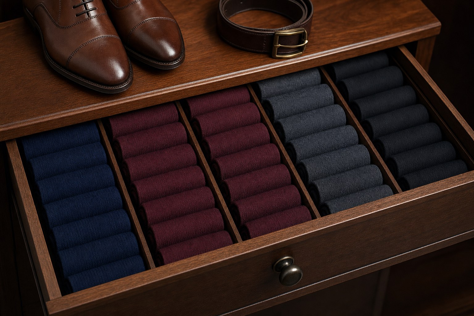 A walnut drawer organized with navy, burgundy, charcoal, and black dress socks beneath brown shoes and a leather belt