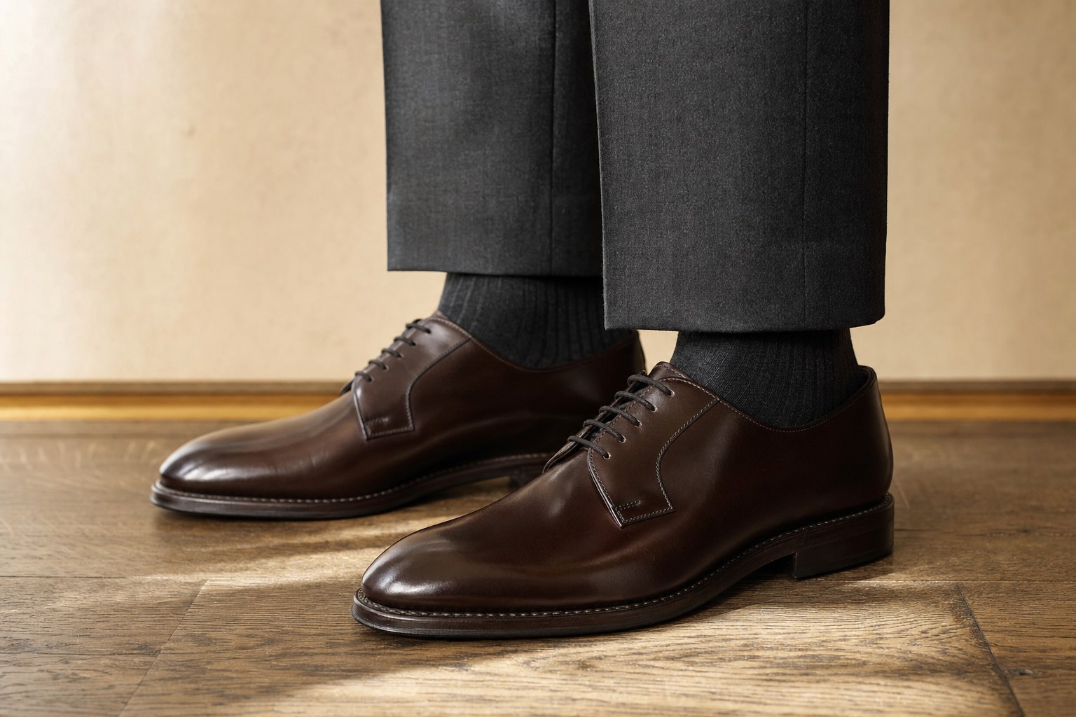 Charcoal tailored trousers with charcoal dress socks and dark brown derby shoes