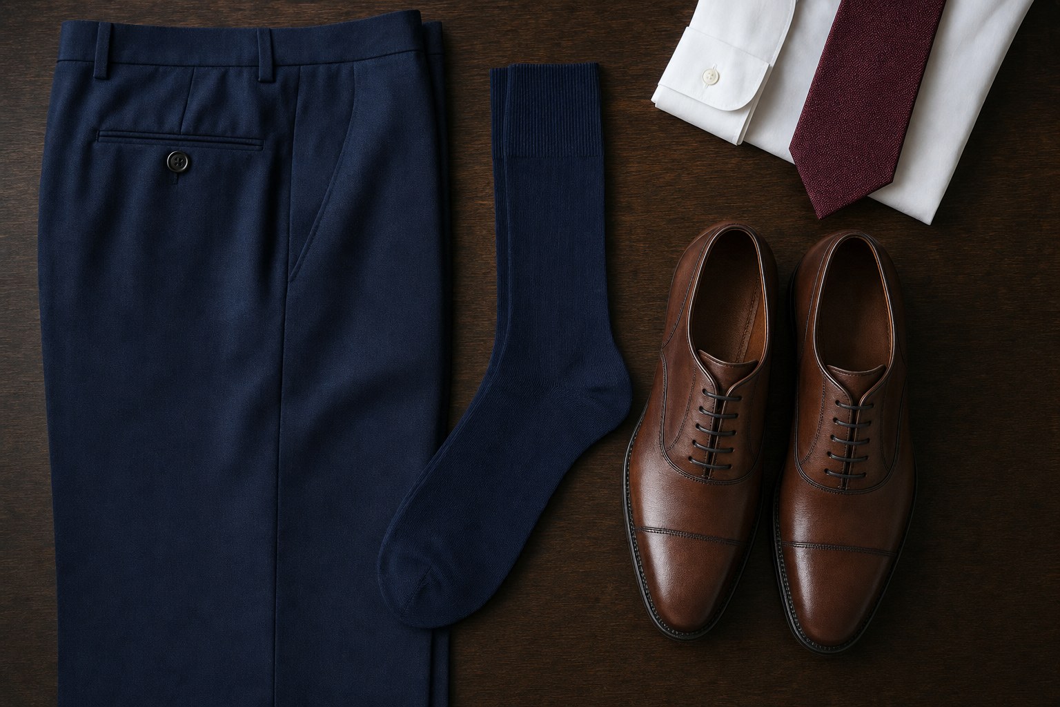 Navy trousers, navy dress socks, brown Oxford shoes, a white shirt, and a burgundy tie arranged on a walnut table