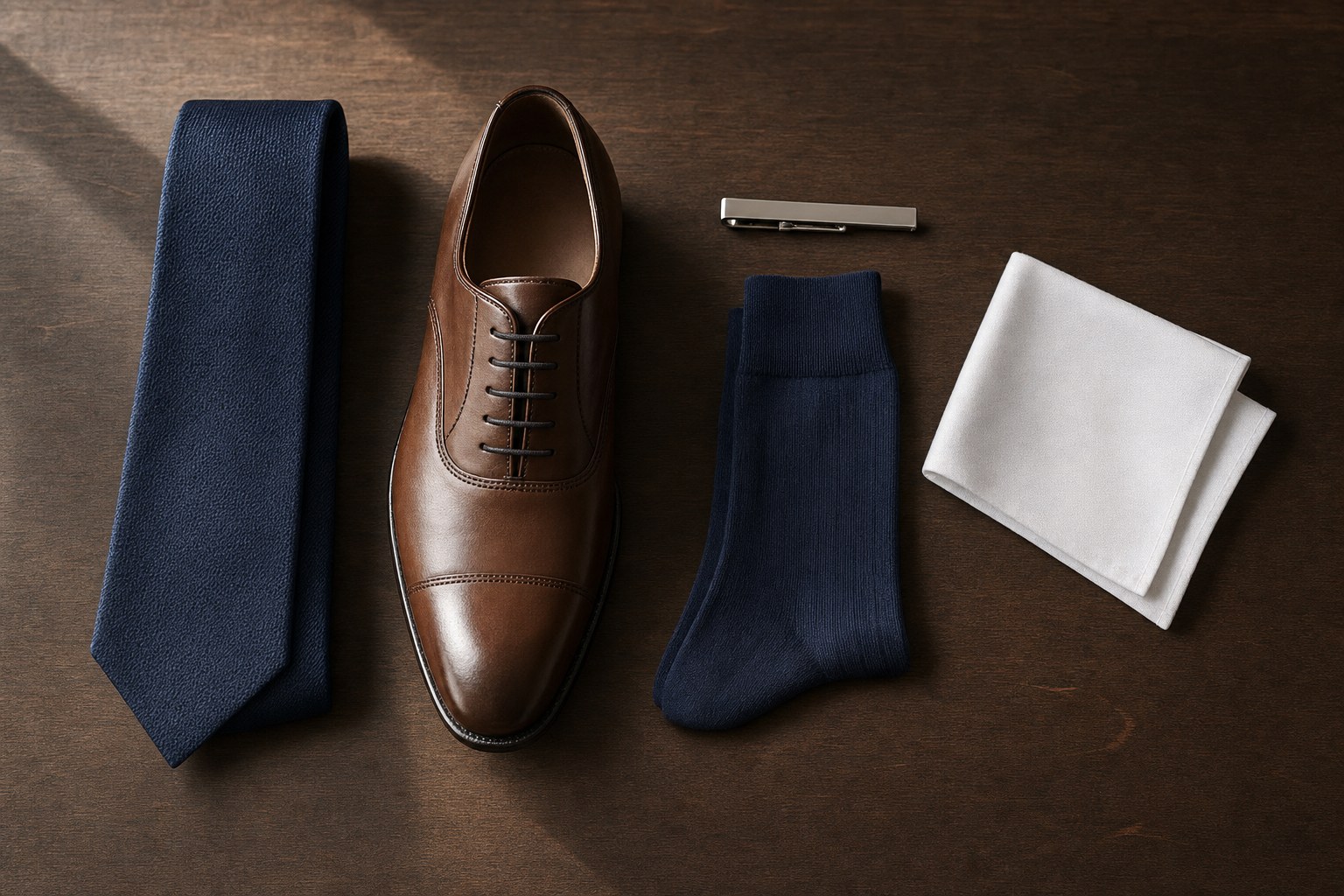 Navy tie, brown oxford, navy dress sock, tie bar, and white pocket square on a walnut desk