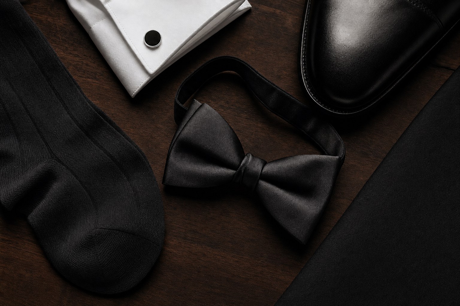 Black dress sock, black bow tie, white dress-shirt cuff, and black formal shoe arranged on dark wood