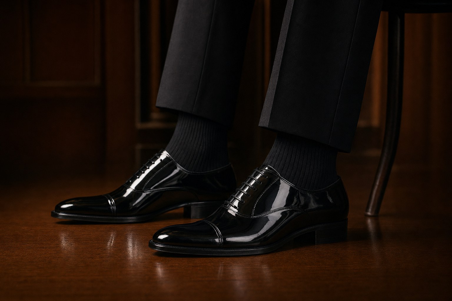 Black tuxedo trousers, ribbed black dress socks, and polished black patent leather shoes