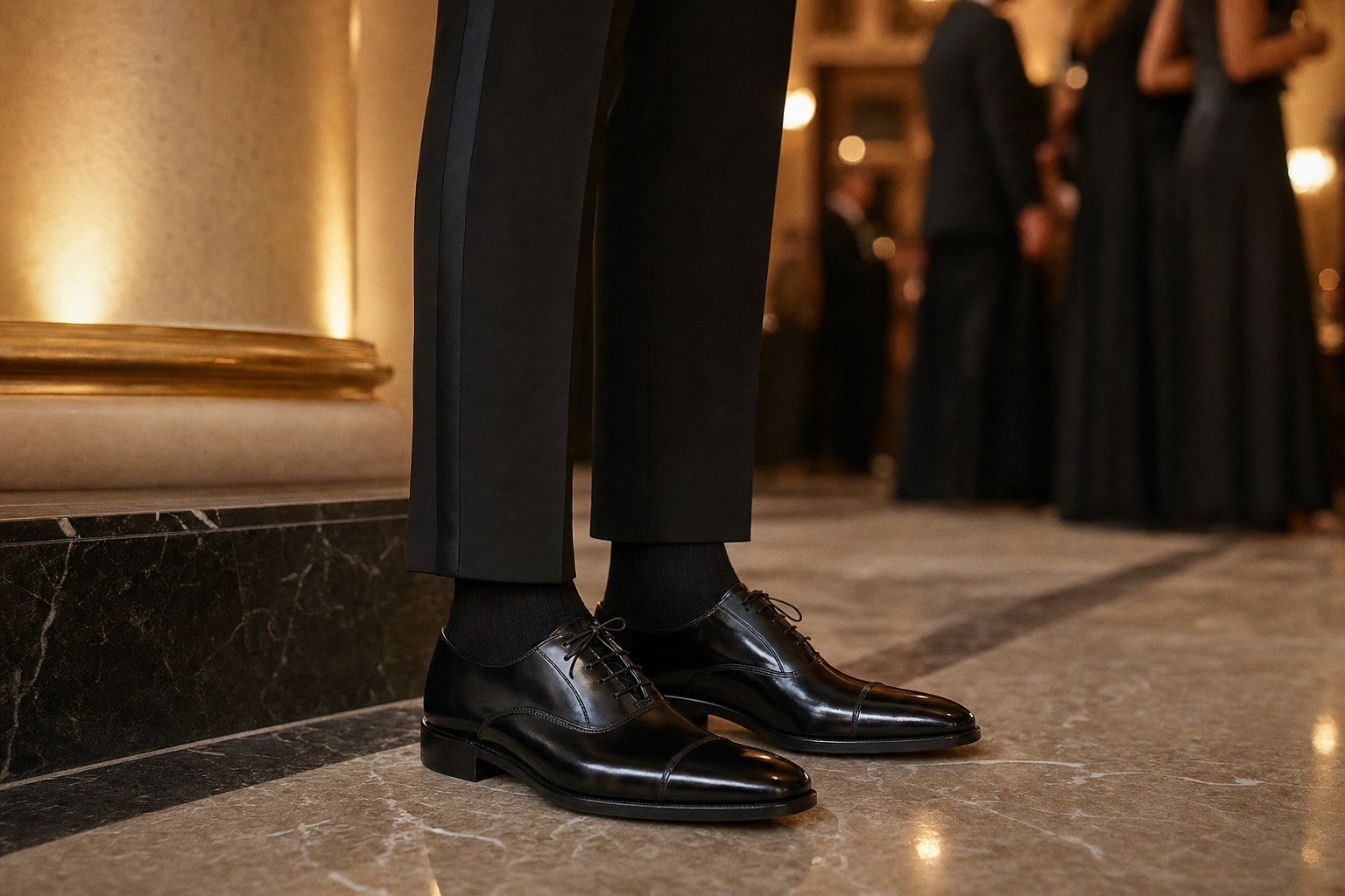 Black tuxedo trousers, black dress socks, and polished black shoes at a formal evening event