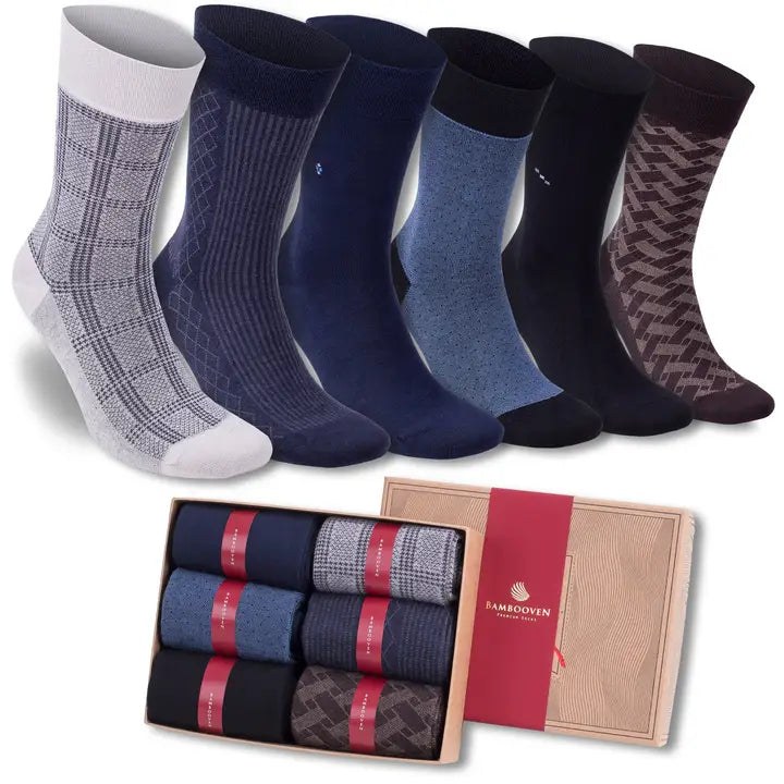 Villa Nova six-pair bamboo dress sock collection in navy, charcoal, blue, black, and patterned styles