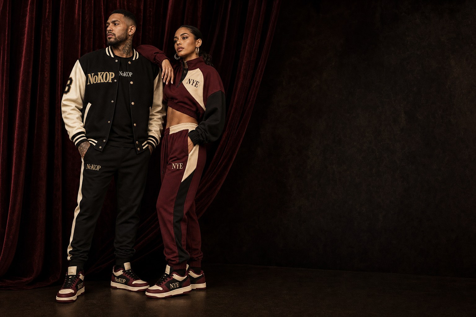 NoKOP branded men’s sneakers and NYE branded women’s sneakers on two models in a dark studio