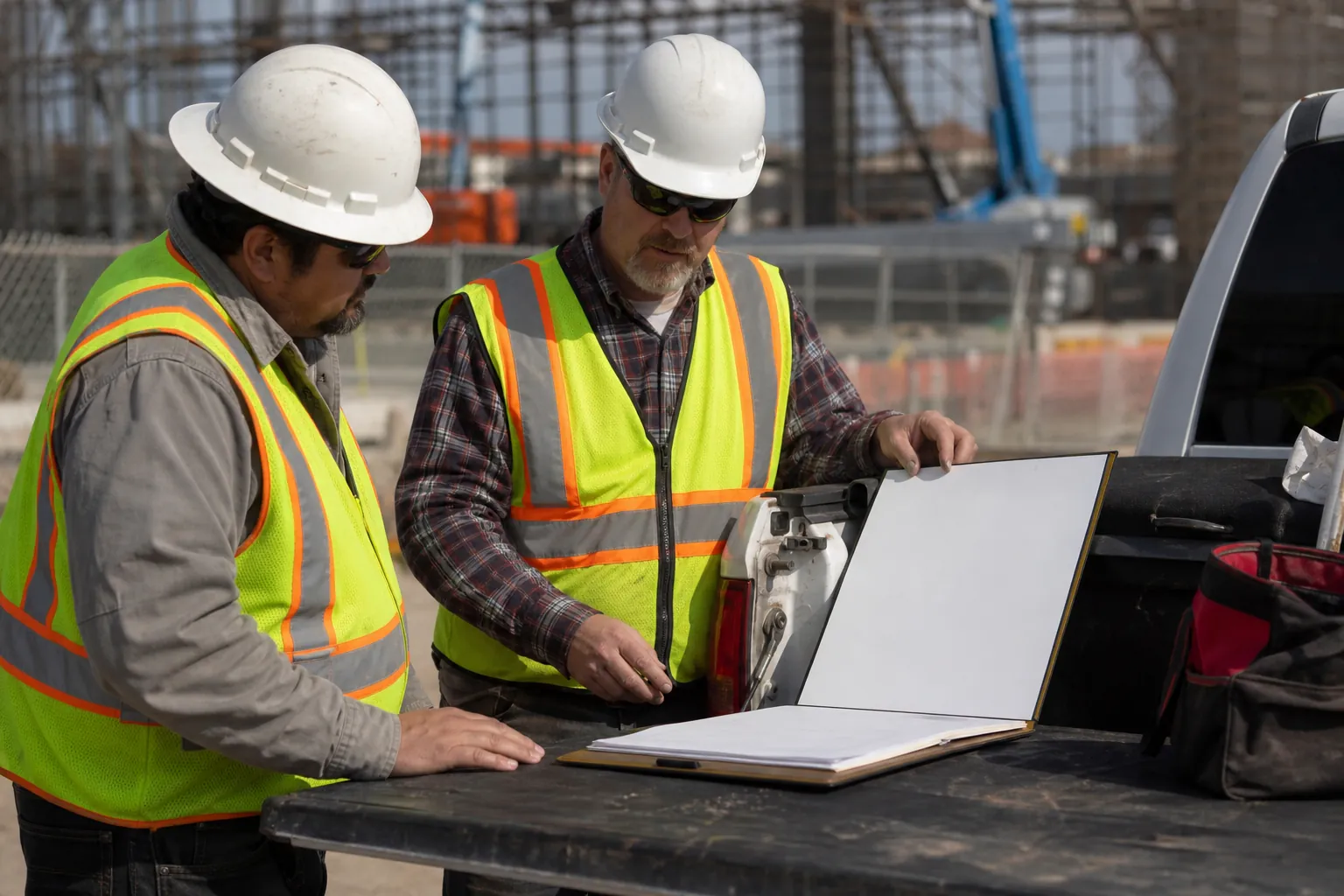 Two construction supervisors reviewing closeout paperwork beside a work truck