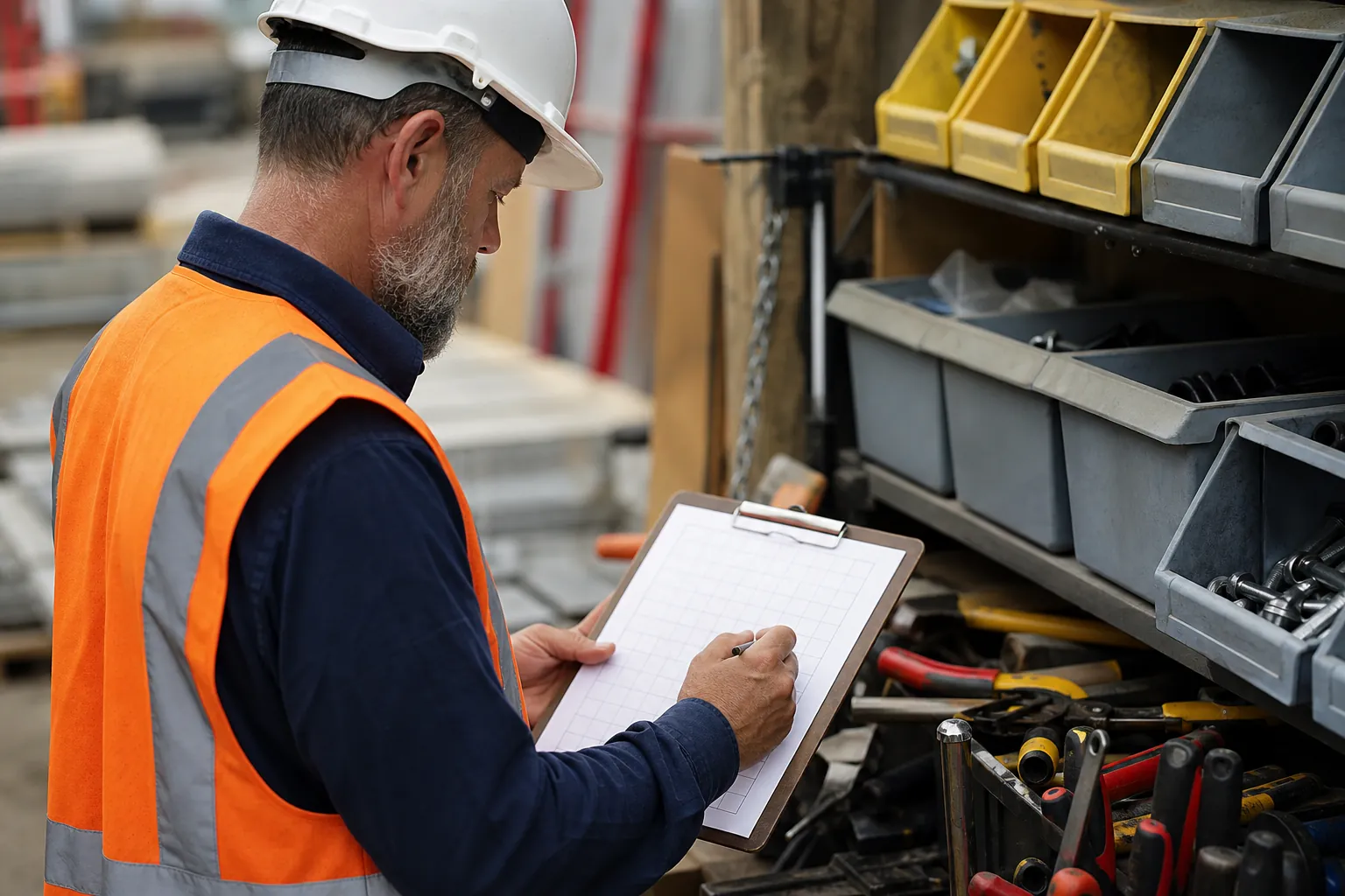 Construction foreman recording a work category on a clipboard beside organized tools