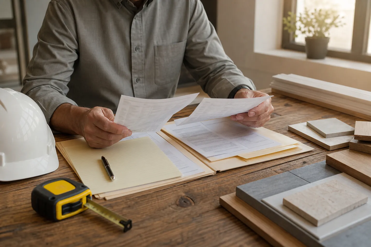 Construction manager reviewing material receipts and project documents at a worktable
