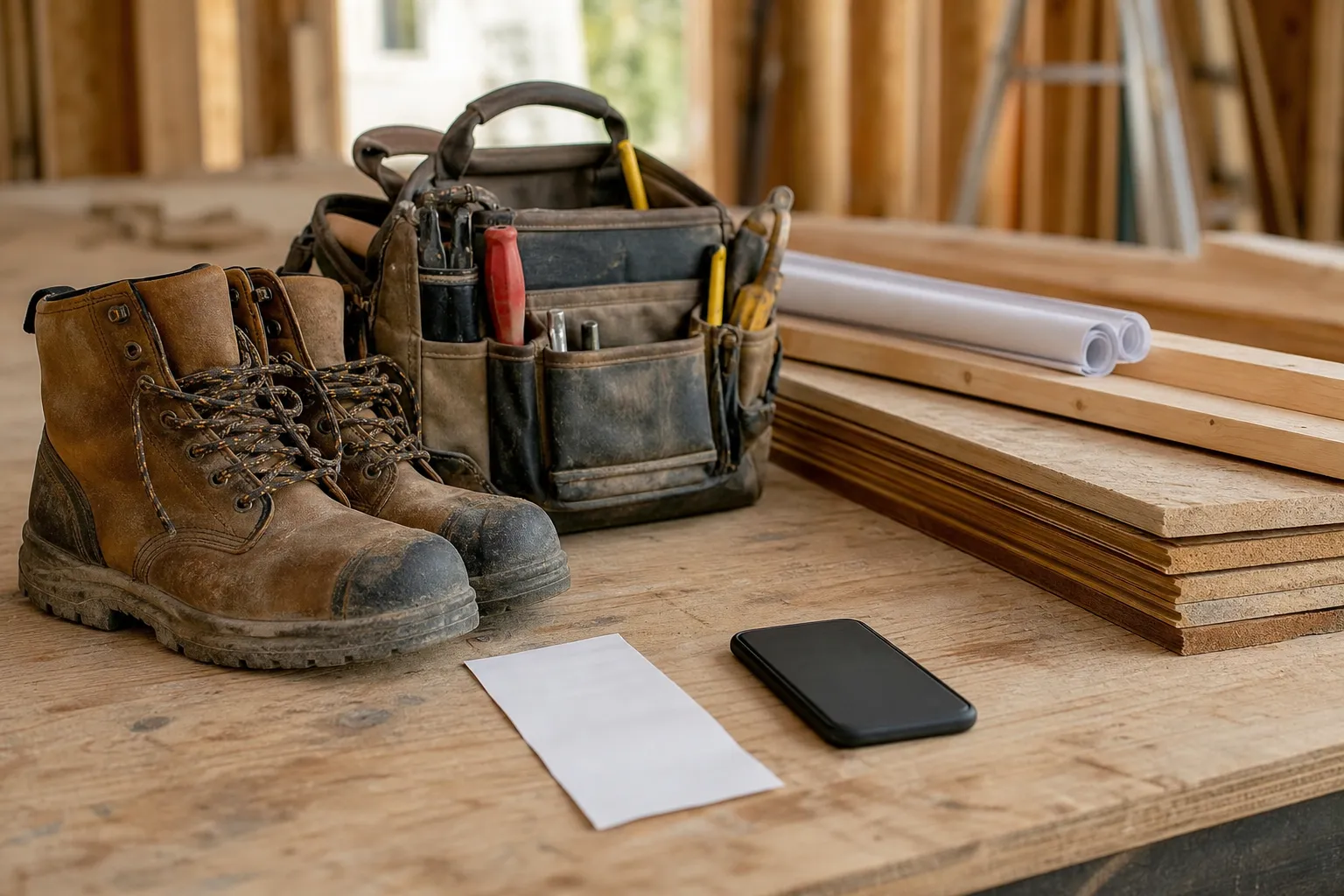 Organized construction materials and tool bag on a workbench