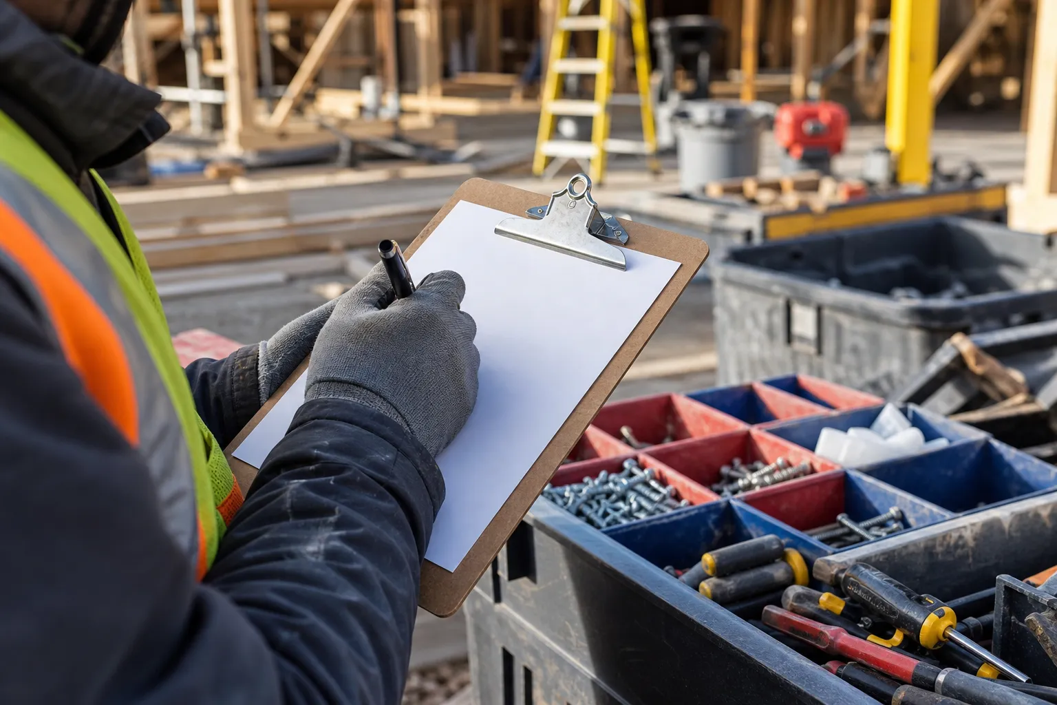 Field worker recording job notes beside organized tools and material bins