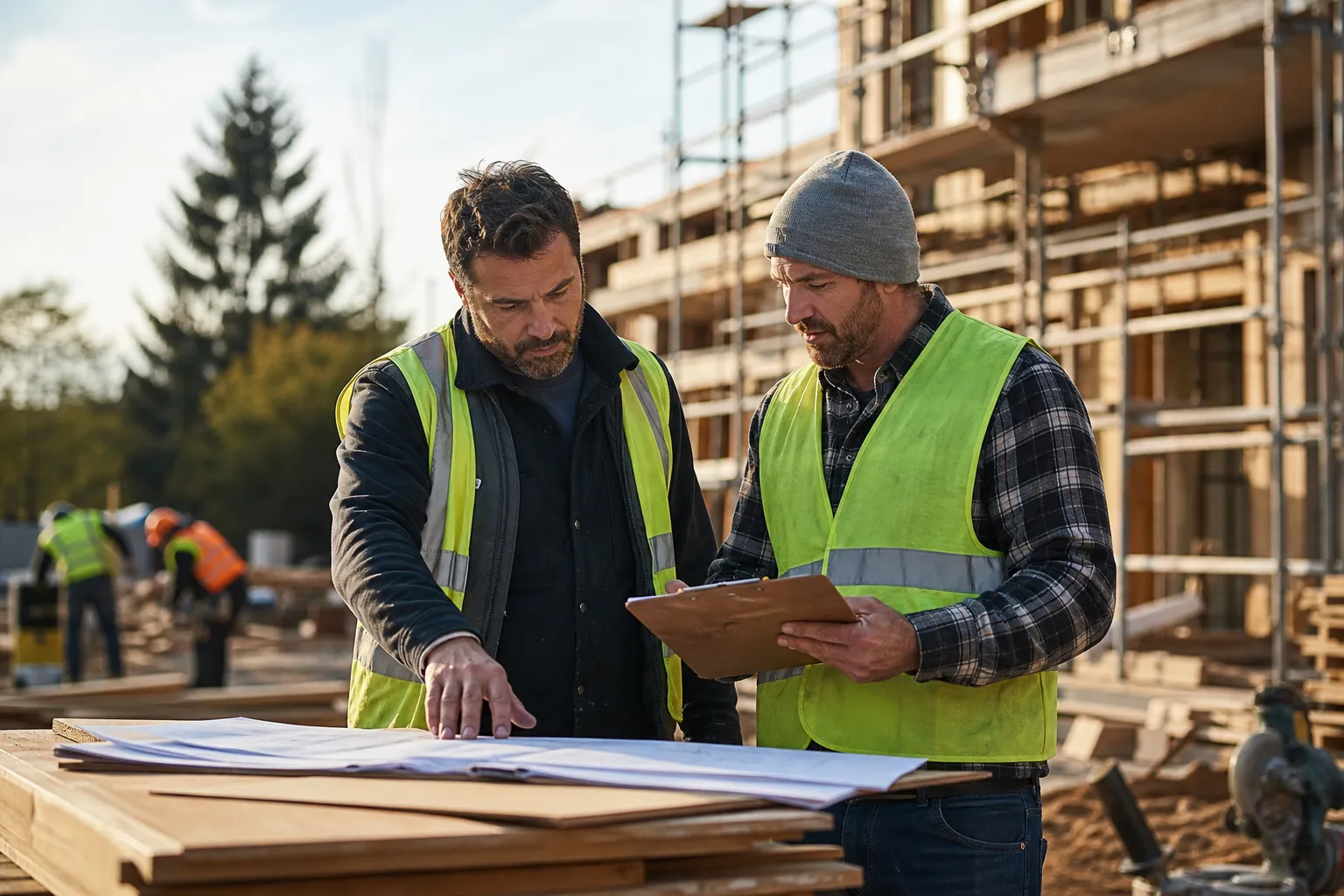 Construction supervisors reviewing plans together at a jobsite table