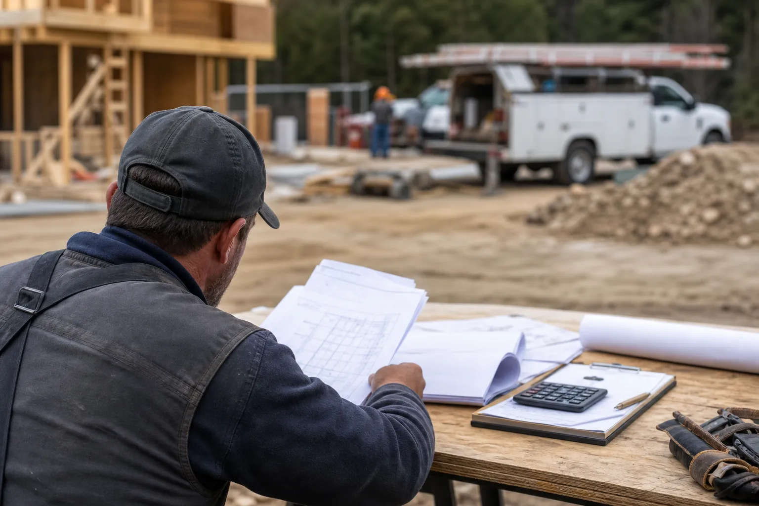 Contractor reviewing job paperwork at an active construction site