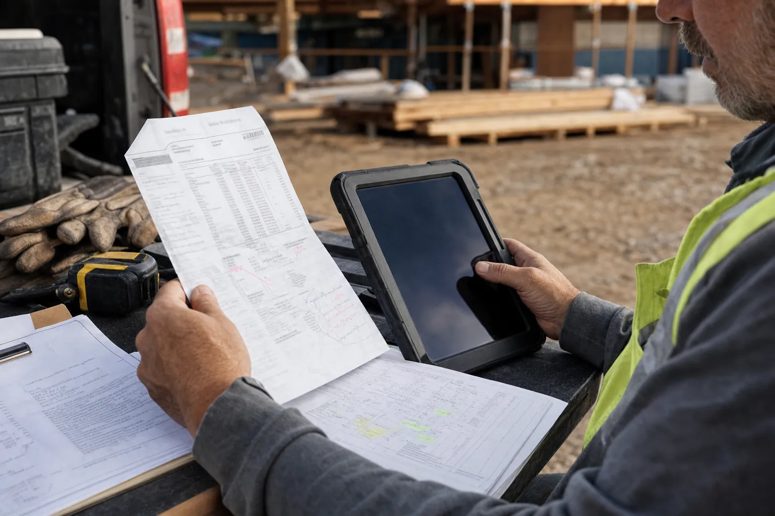 Contractor reviewing a material receipt and job documents beside a work truck