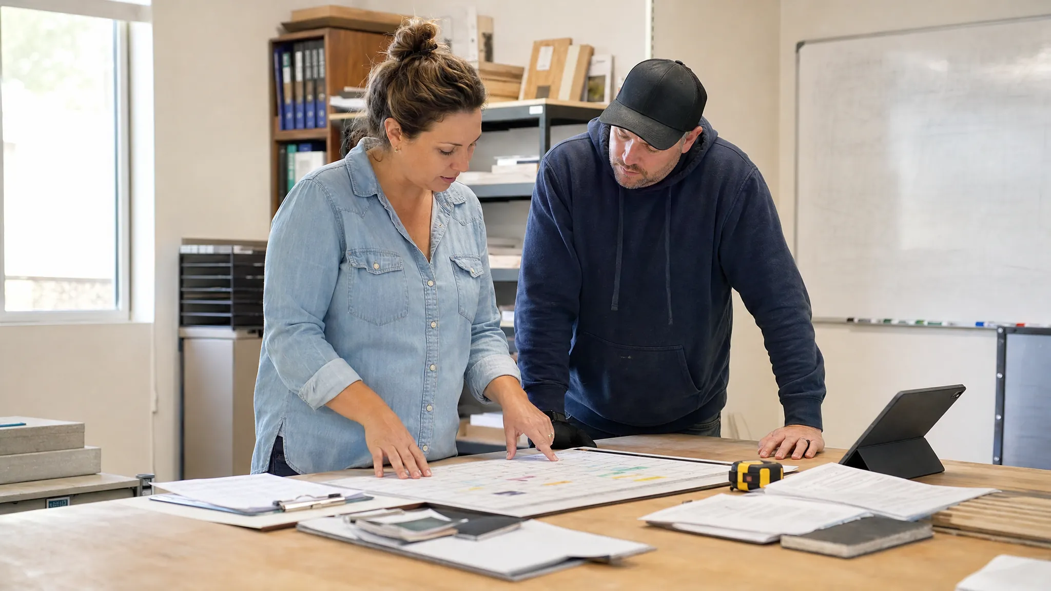 Contractor office coordinator and field supervisor reviewing a weekly schedule together