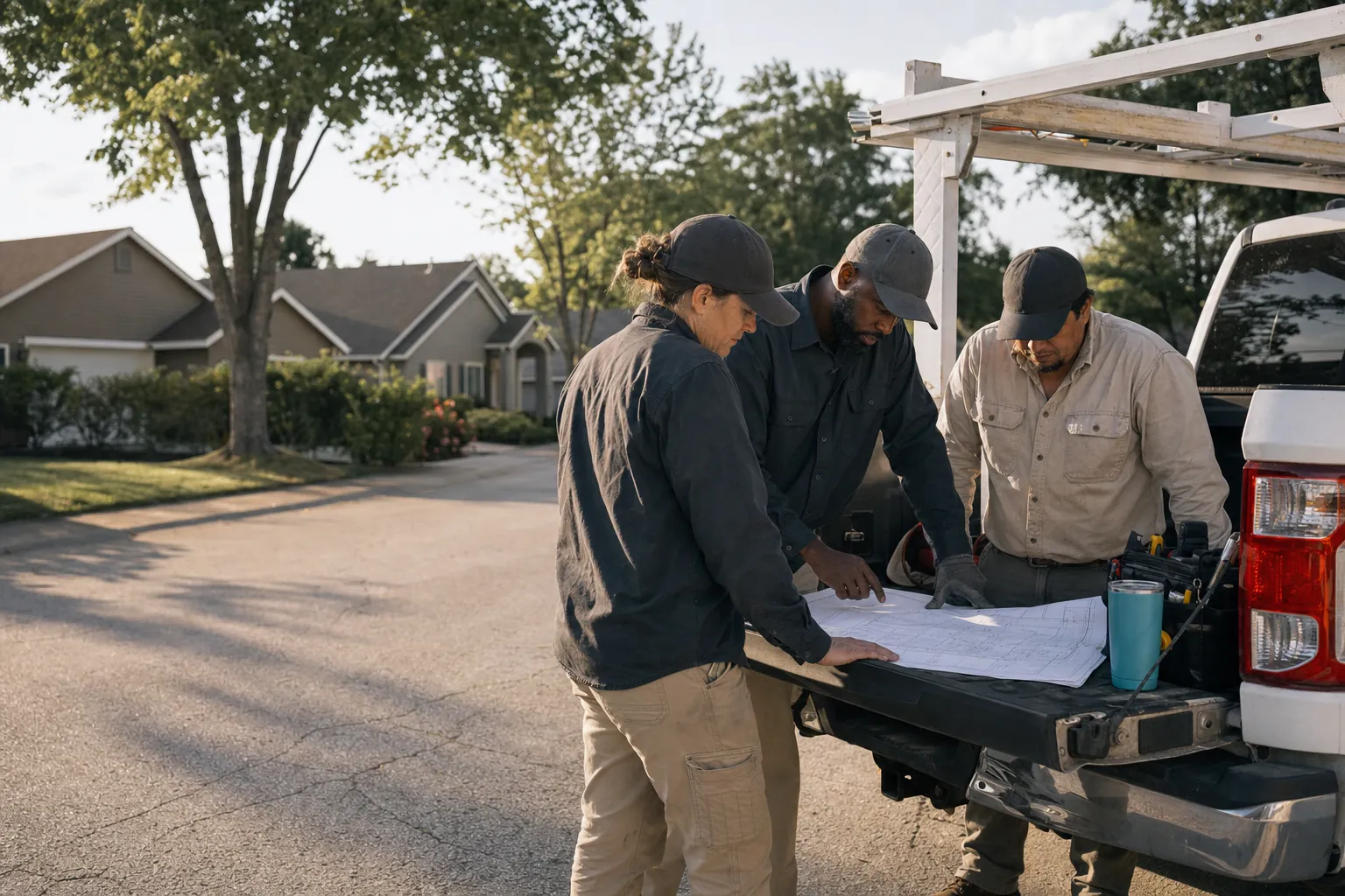 Field-service team reviewing plans beside a service truck