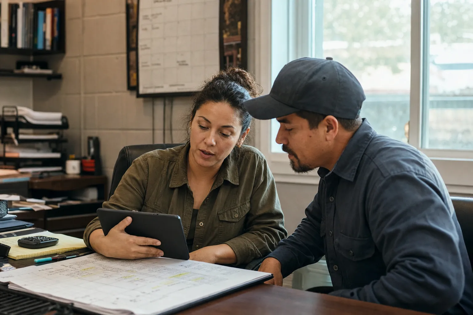 Service business team reviewing job information together
