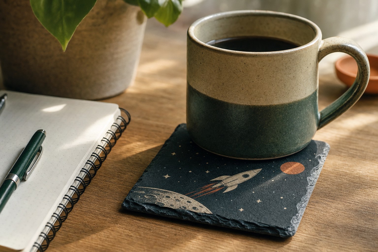 Coffee mug on a dark slate coaster with a retro space illustration