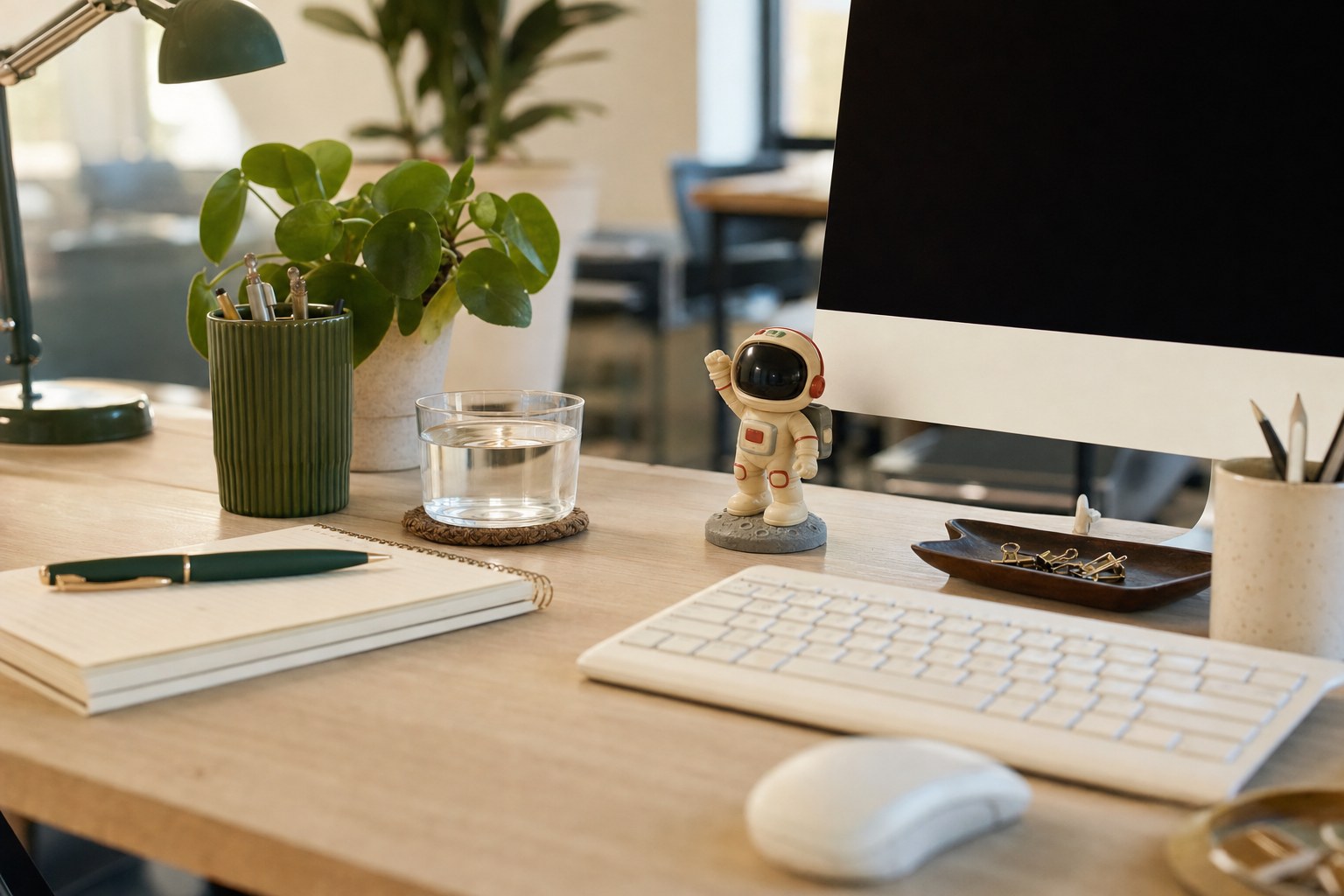 Friendly home-office desk with a small astronaut figure beside a monitor