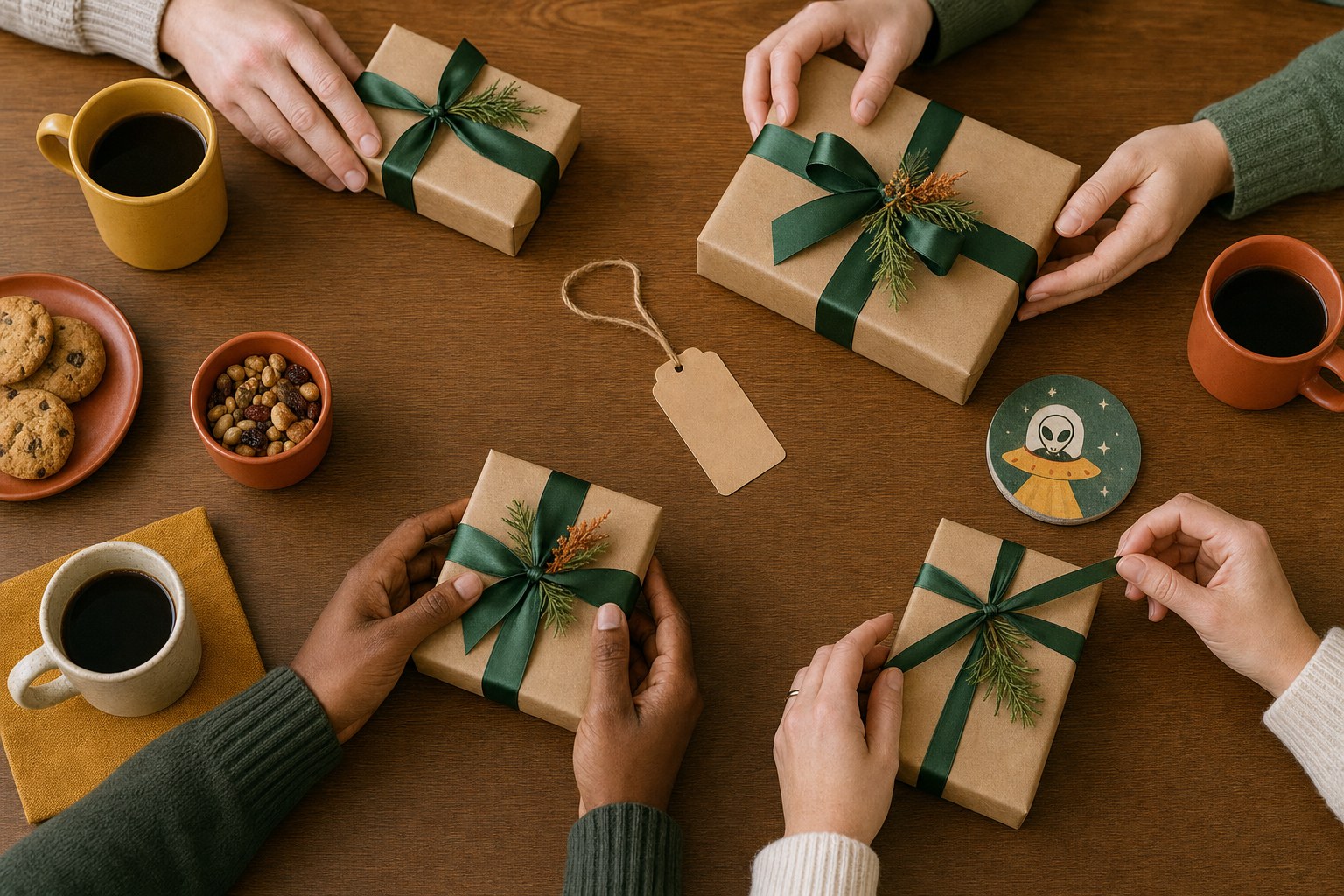Small wrapped gifts and coffee cups at a friendly group gift exchange