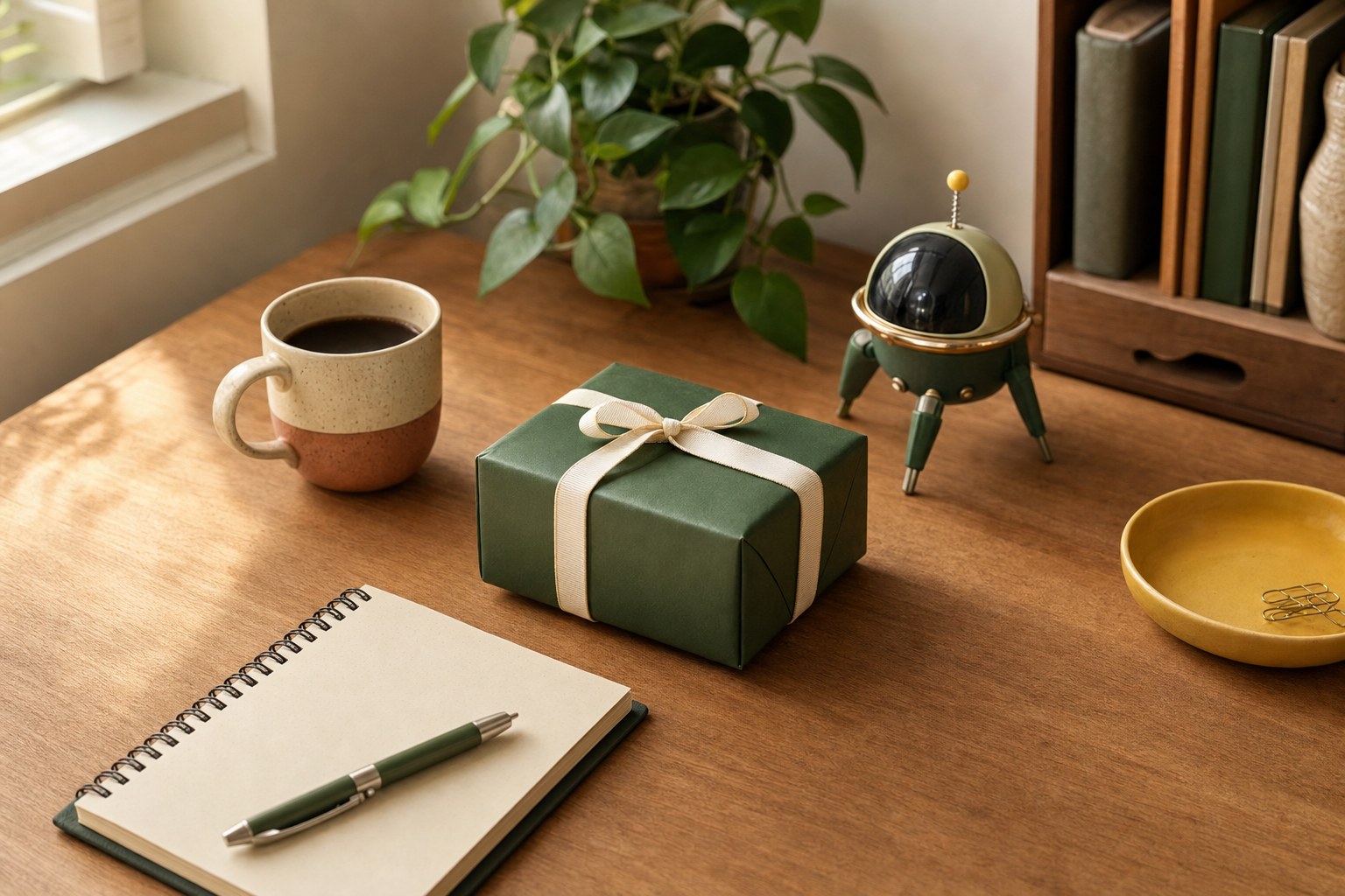 Wrapped coworker gift beside a coffee cup and playful space-themed desk accessory