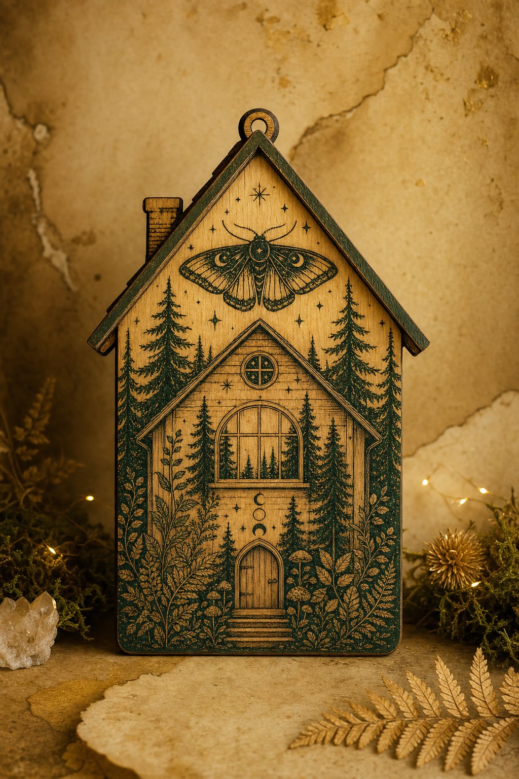 Laser-etched wooden ornament in a cozy handmade setting