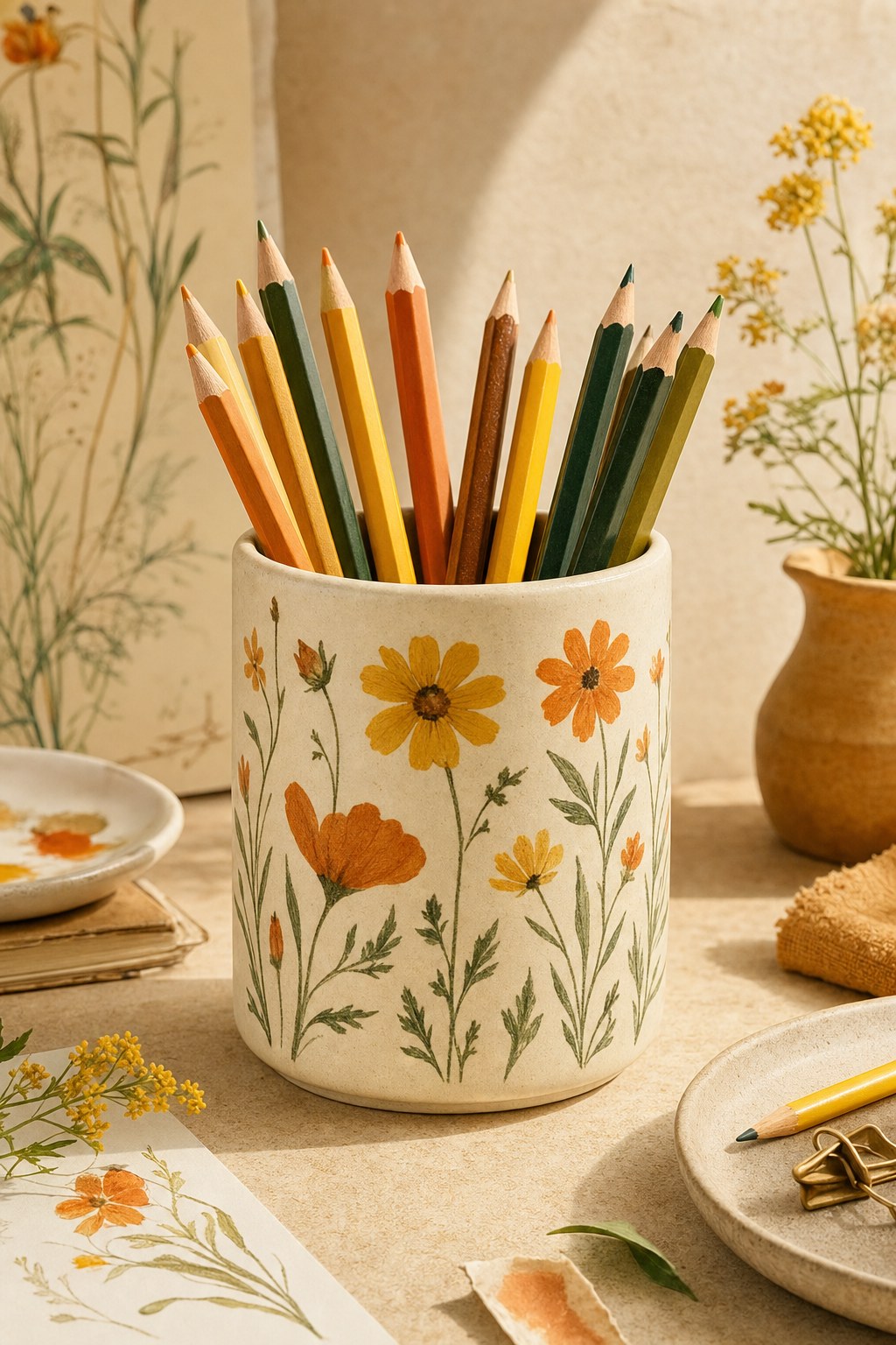Colorful handmade pencil cup holding pencils