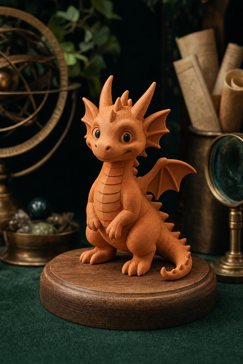 Orange dragon-like 3D printed desk creature