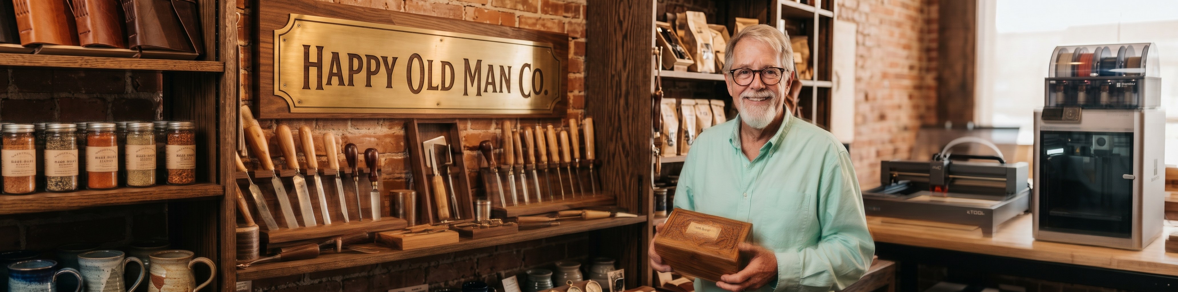 Jim in the Happy Old Man Co workshop, surrounded by making tools and a 3D printer