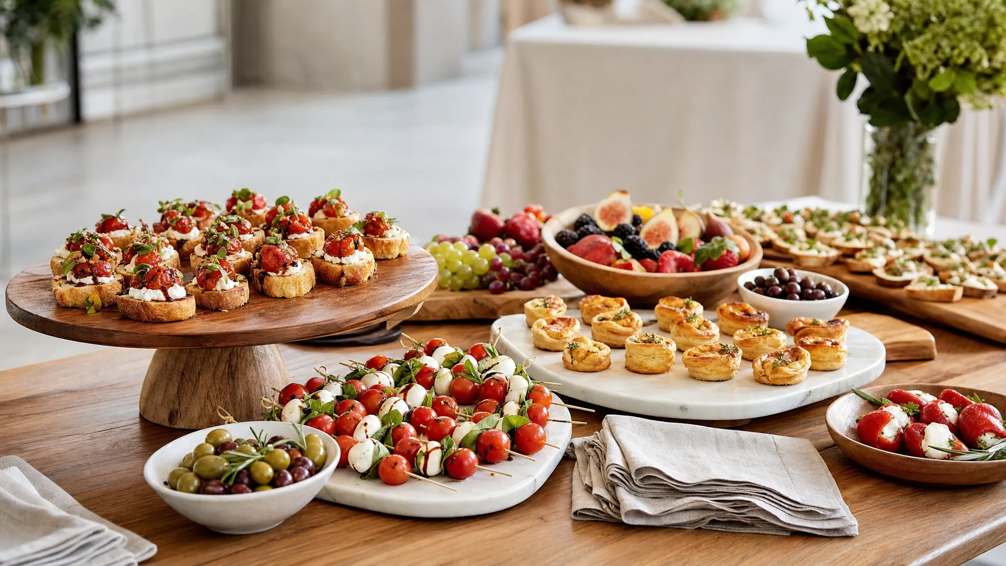 A table filled with crostini, caprese skewers, fruit, olives, and small savory pastries