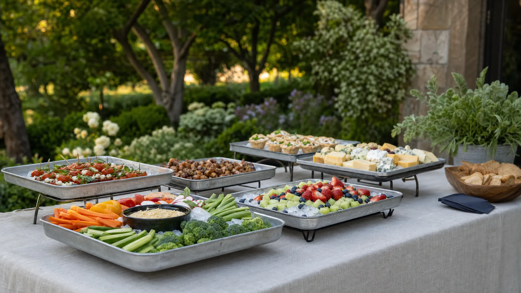 Small appetizer trays arranged in shade for an outdoor gathering
