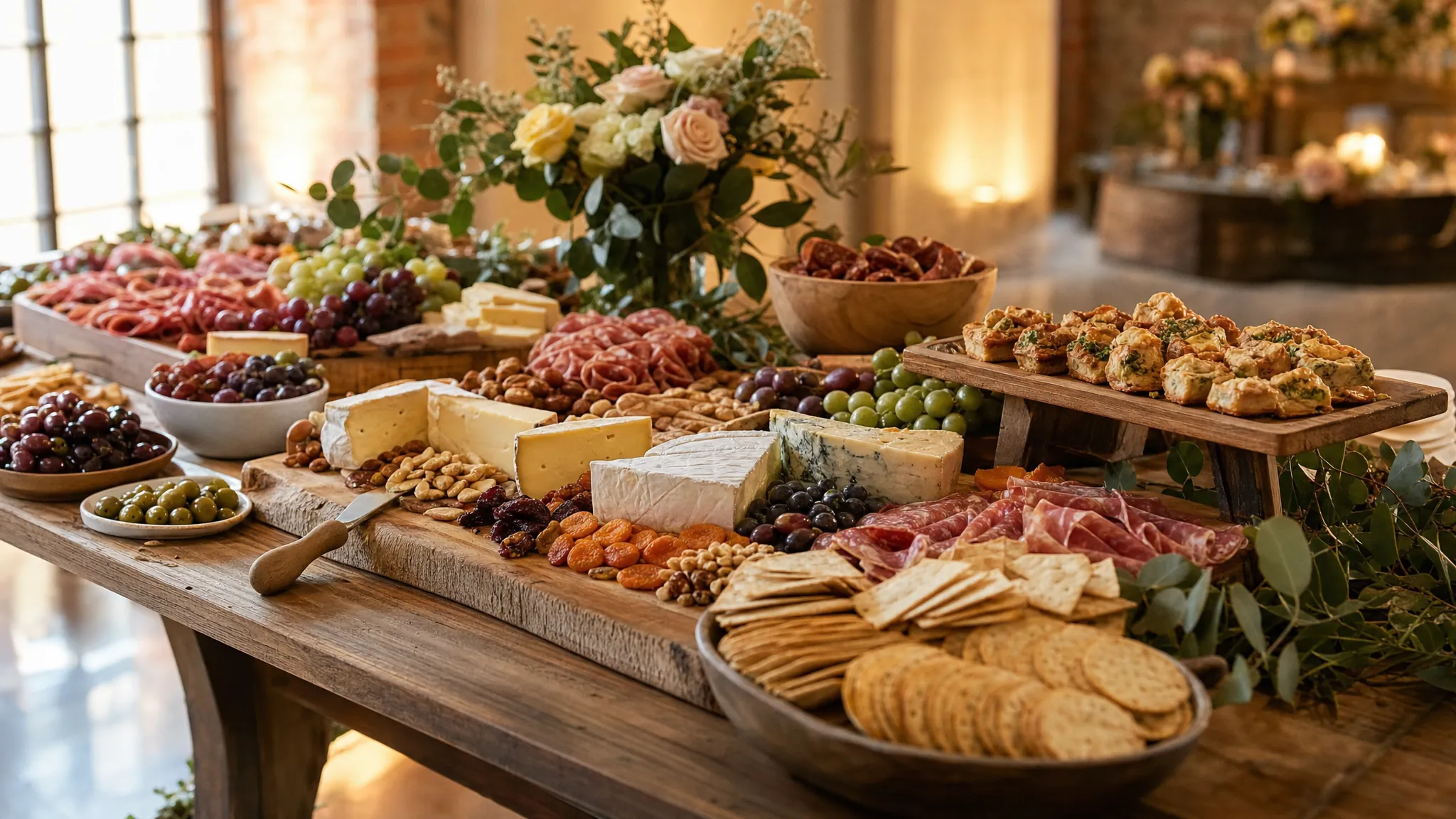 A charcuterie and appetizer station with cheeses, fruit, meats, crackers, and savory bites