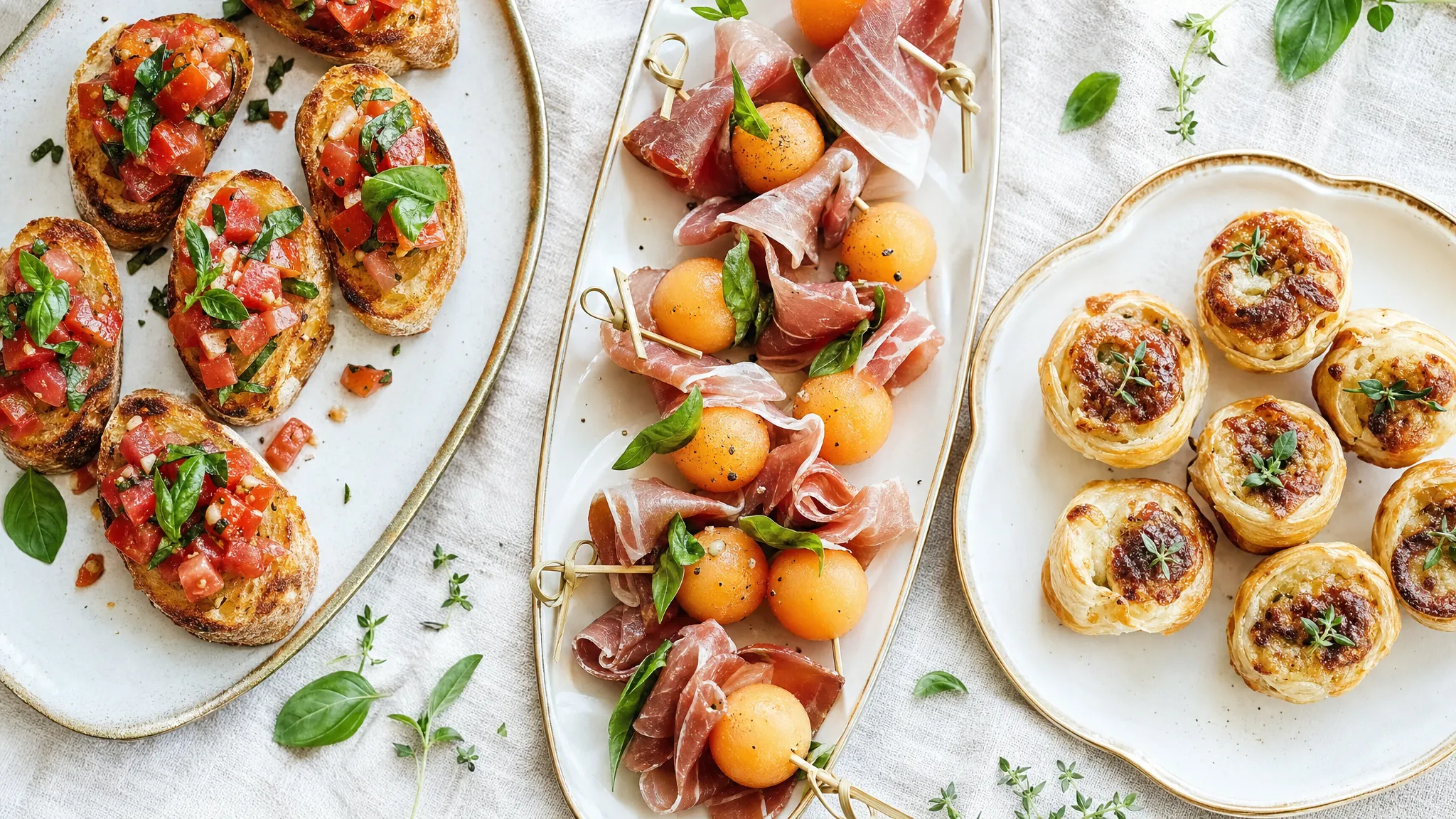 Bruschetta, prosciutto melon skewers, and puff-pastry bites arranged on platters