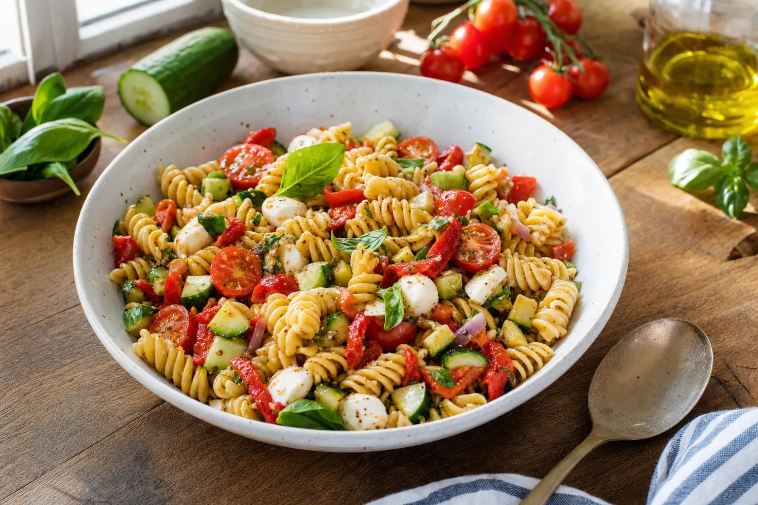 A bowl of Italian pasta salad with tomatoes, mozzarella, basil, and cucumber