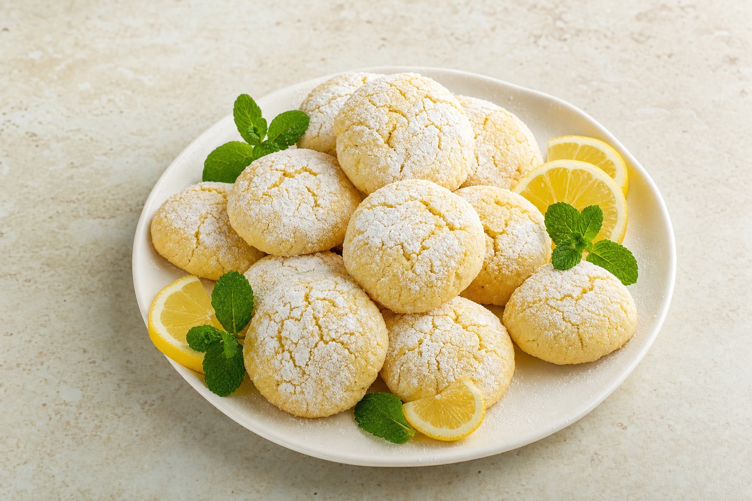 Soft lemon ricotta cookies on a white plate with lemon slices