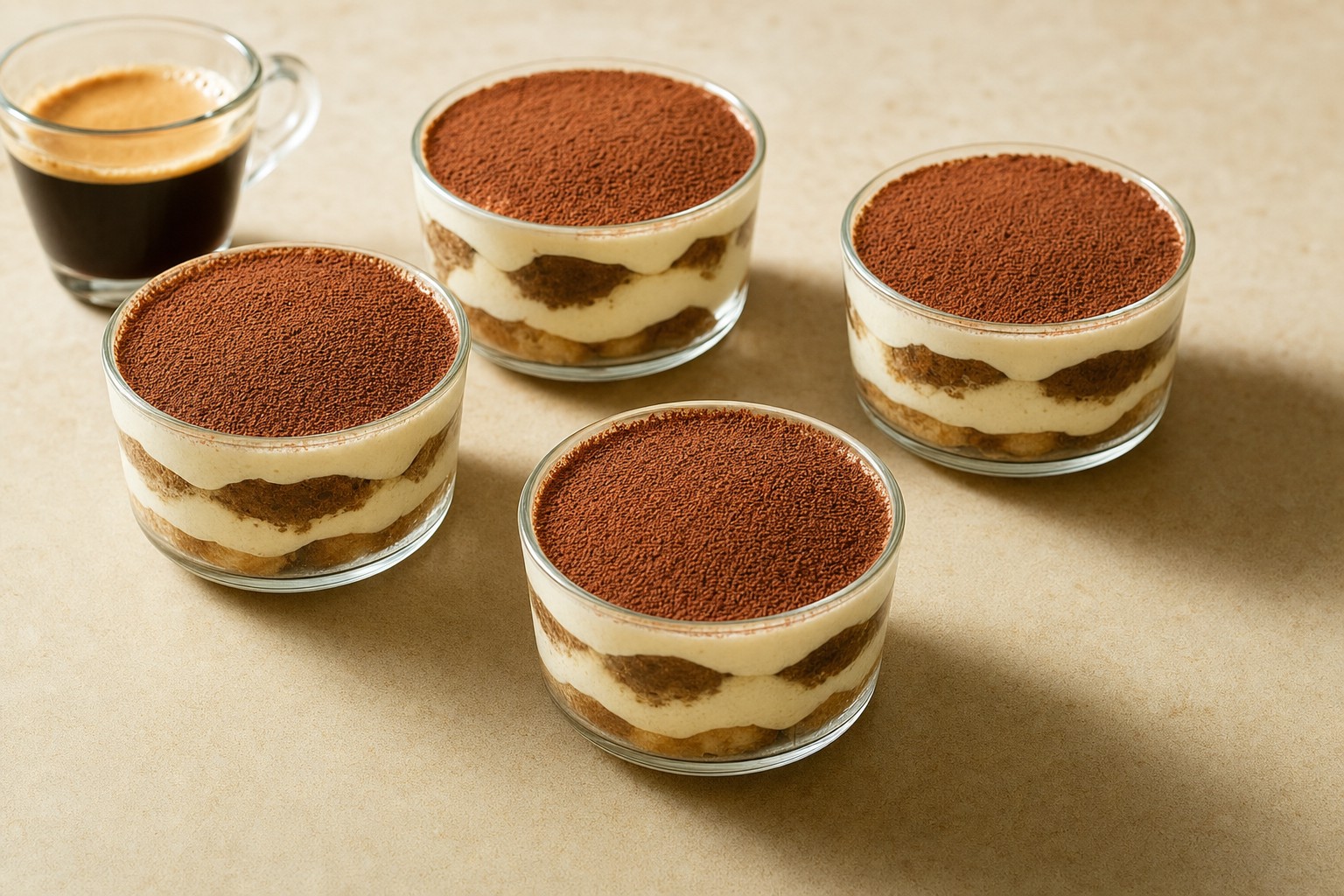Individual no-bake tiramisu cups topped with cocoa powder