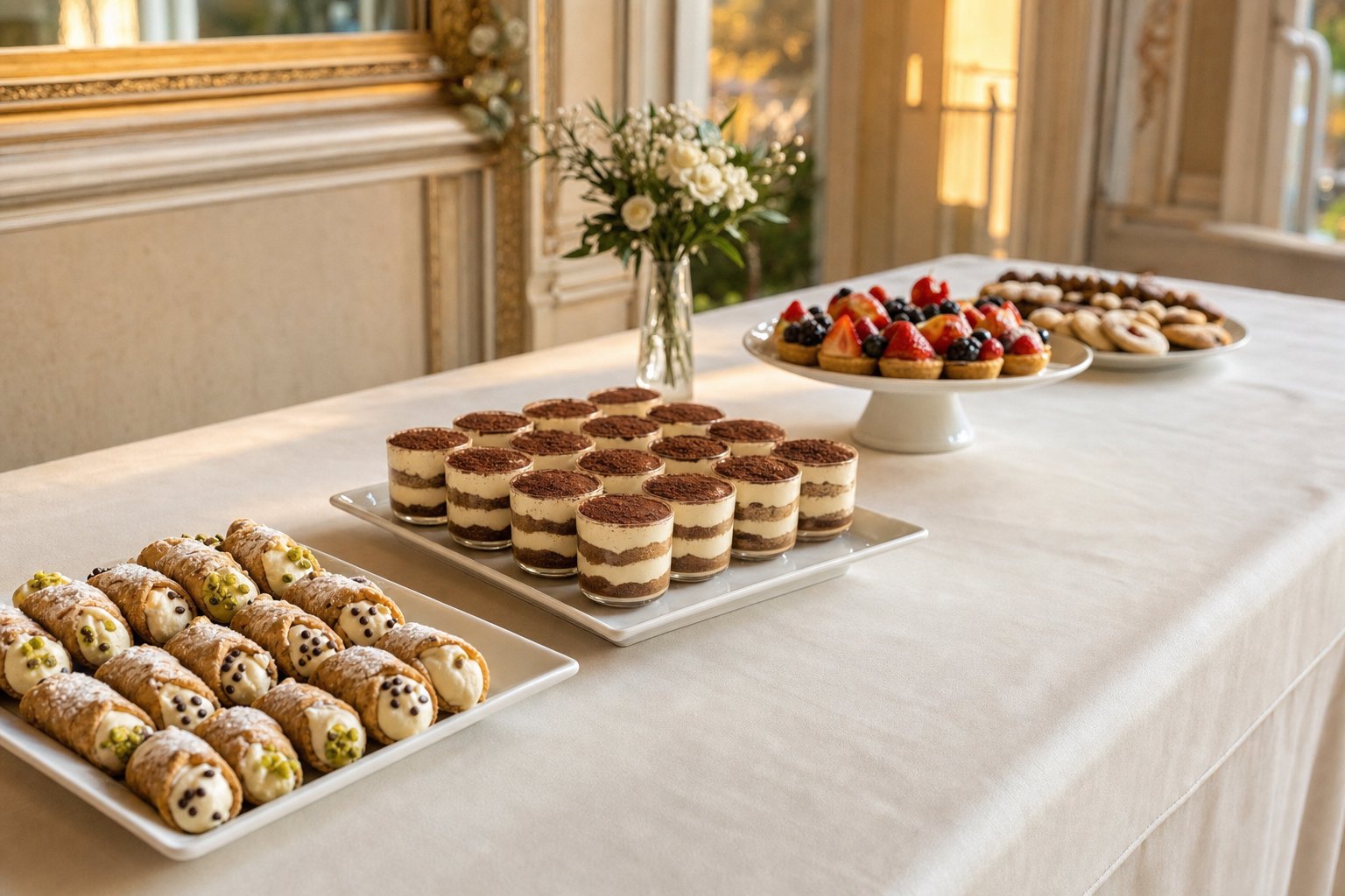 A clean wedding dessert table with cannolis, tiramisu cups, fruit tarts, and Italian cookies