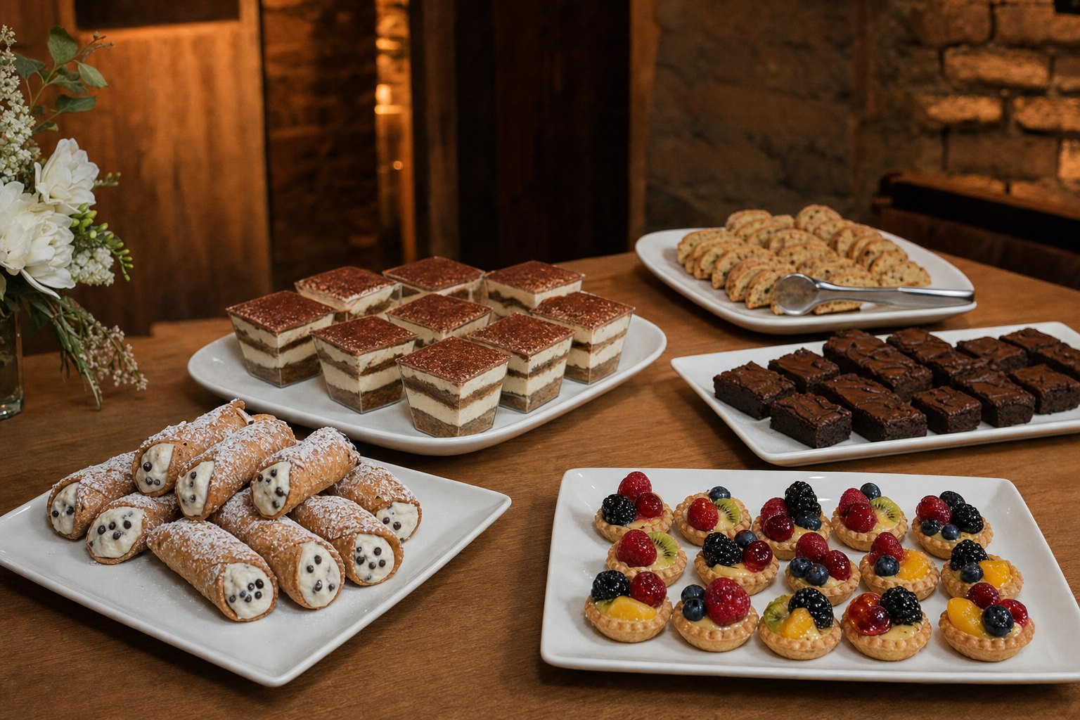An evening wedding dessert station with cannolis, tiramisu, biscotti, brownies, and fruit tarts