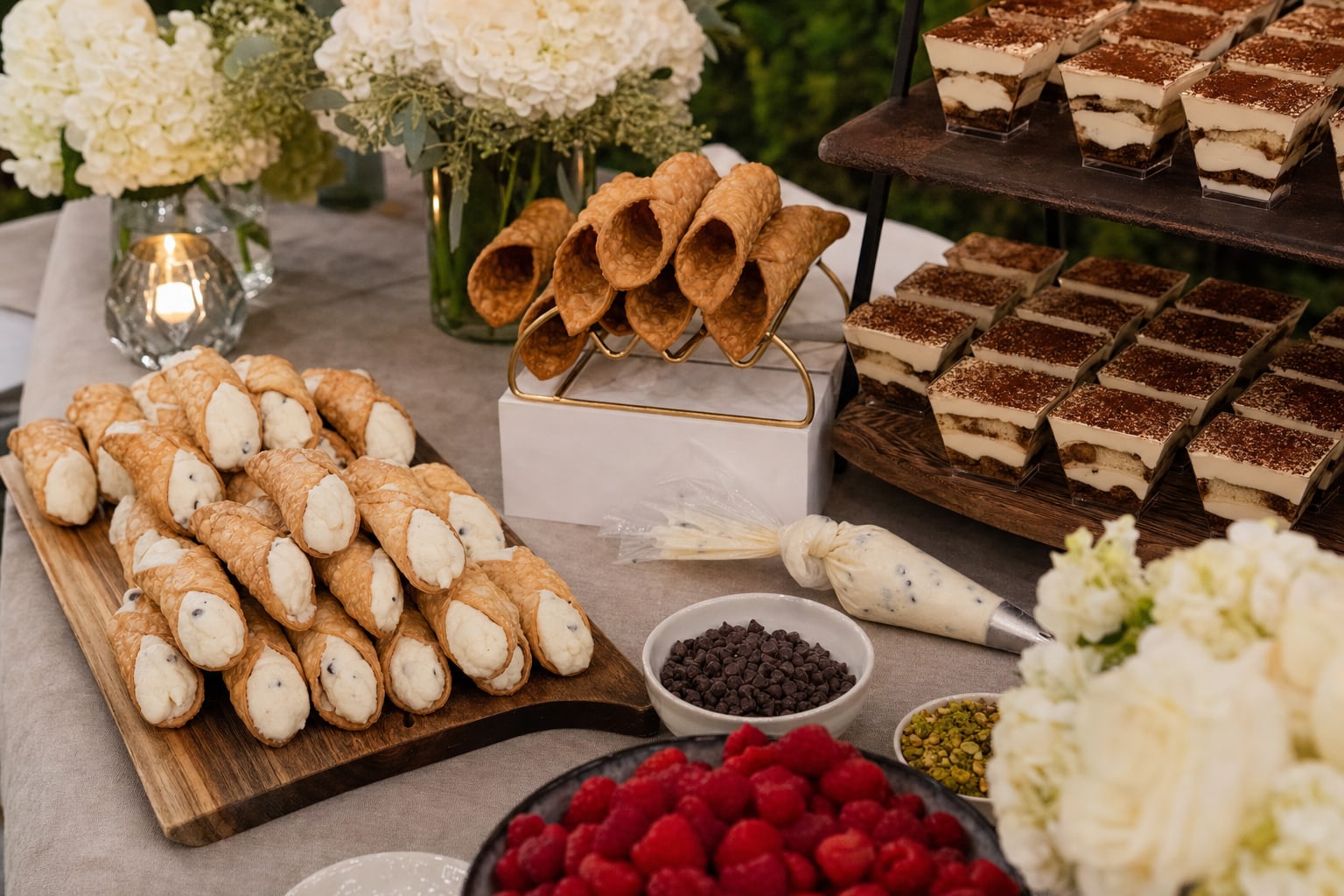 Cannolis and tiramisu portions arranged as an elegant wedding dessert station