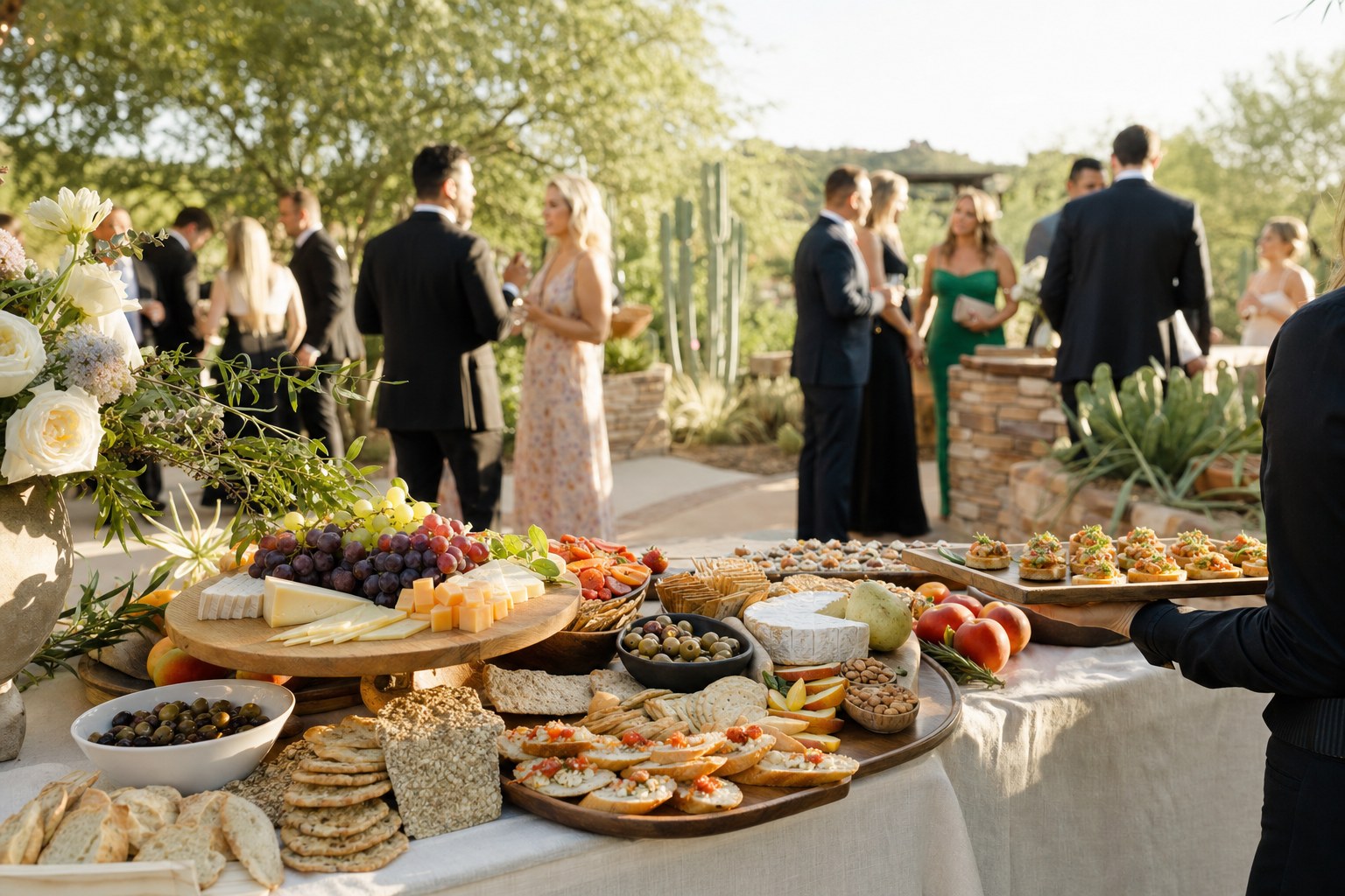 Guests mingling beside a generous wedding cocktail-hour grazing table