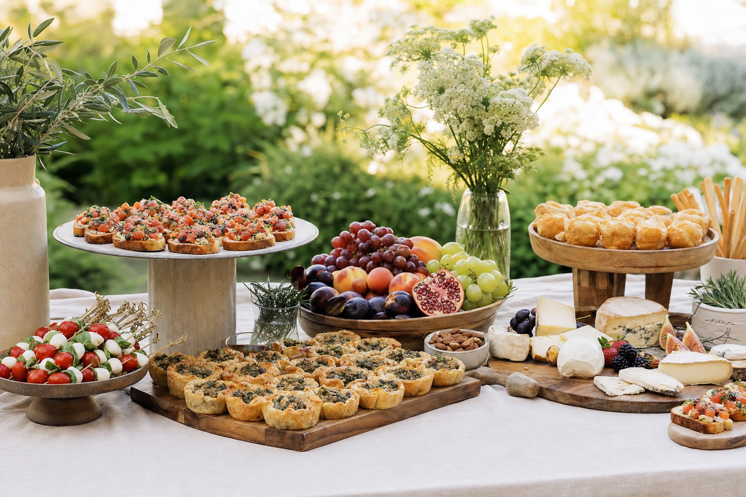 An elegant wedding cocktail-hour spread with crostini, savory pastries, fruit, cheese, and caprese skewers