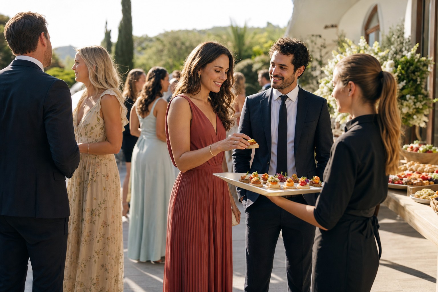 Wedding guests enjoying passed appetizers while mingling on a reception patio
