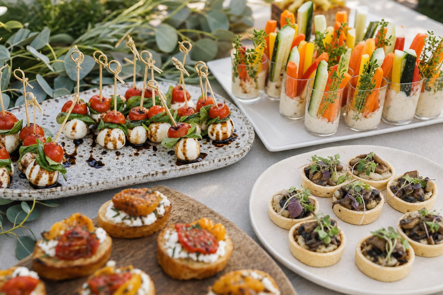 Caprese skewers, vegetable cups, tartlets, and crostini arranged as wedding cocktail-hour appetizers