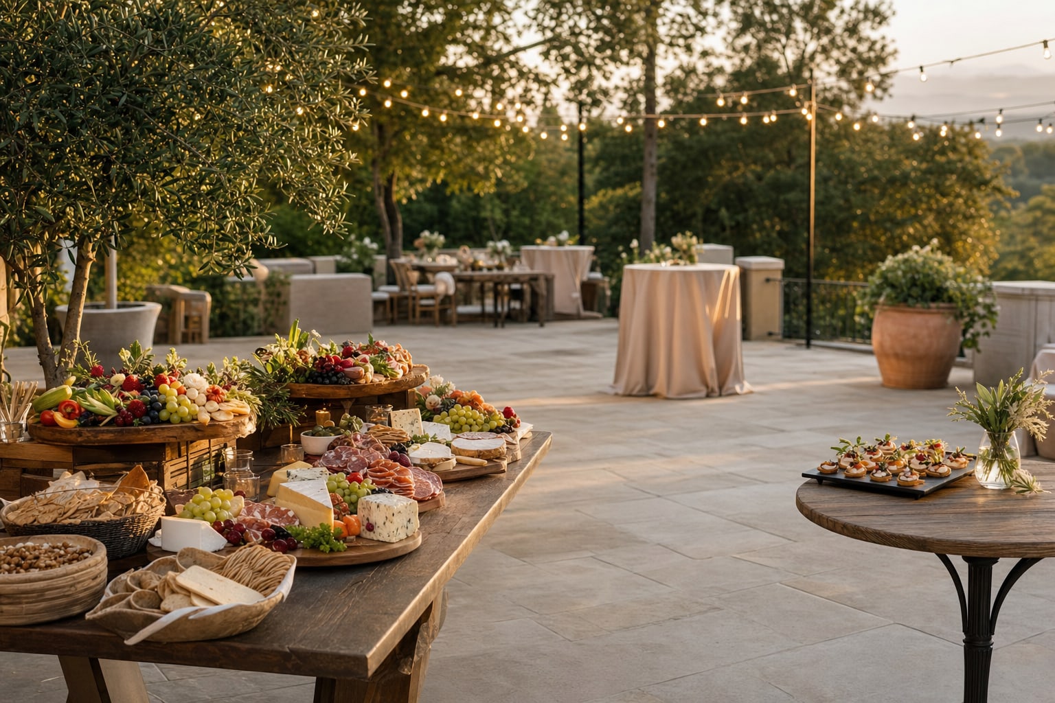 A wedding reception patio with a grazing table and a separate passed-bites station